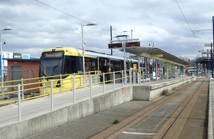 A photograph showing a Manchester Metrolink tram at Ashton-under-Lyne