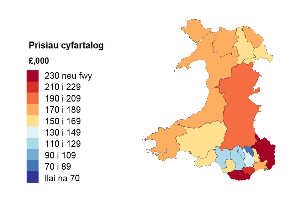 A heat map showing the average price by local authority for Wales (Welsh).