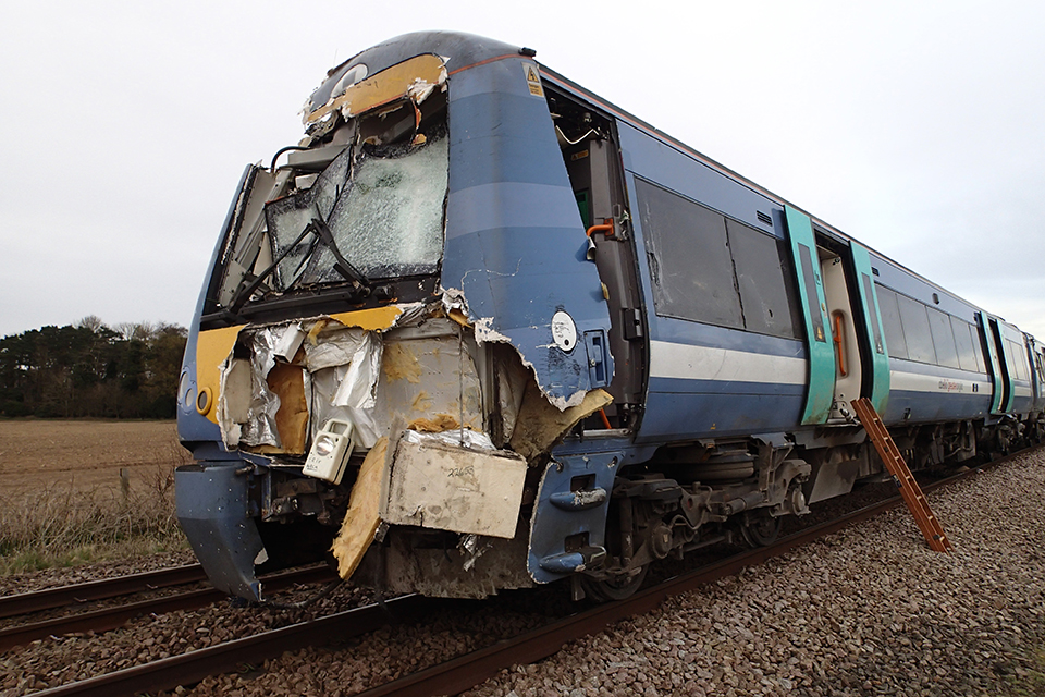 Serious damage to the windscreen and driver's cab of the train involved in the collision at Hockham Road in 2016.