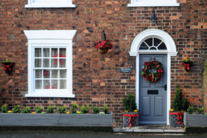 Small Georgian town house exterior, decorated for Christmas, East Yorkshire, UK