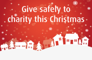 A snowy Christmas scene with the message 'Give safely to charity this Christmas'.