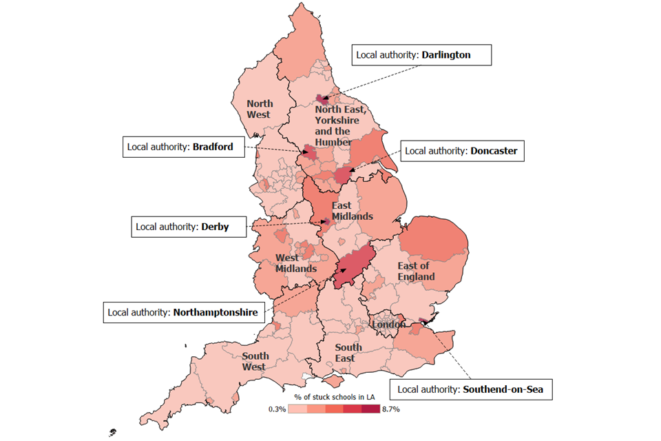 This map shows stuck schools as a percentage of all schools in the LA. The 6 LAs with the highest percentage of schools that are stuck are Derby, Southend-on-Sea, Darlington, Bradford, Doncaster and Northamptonshire.
