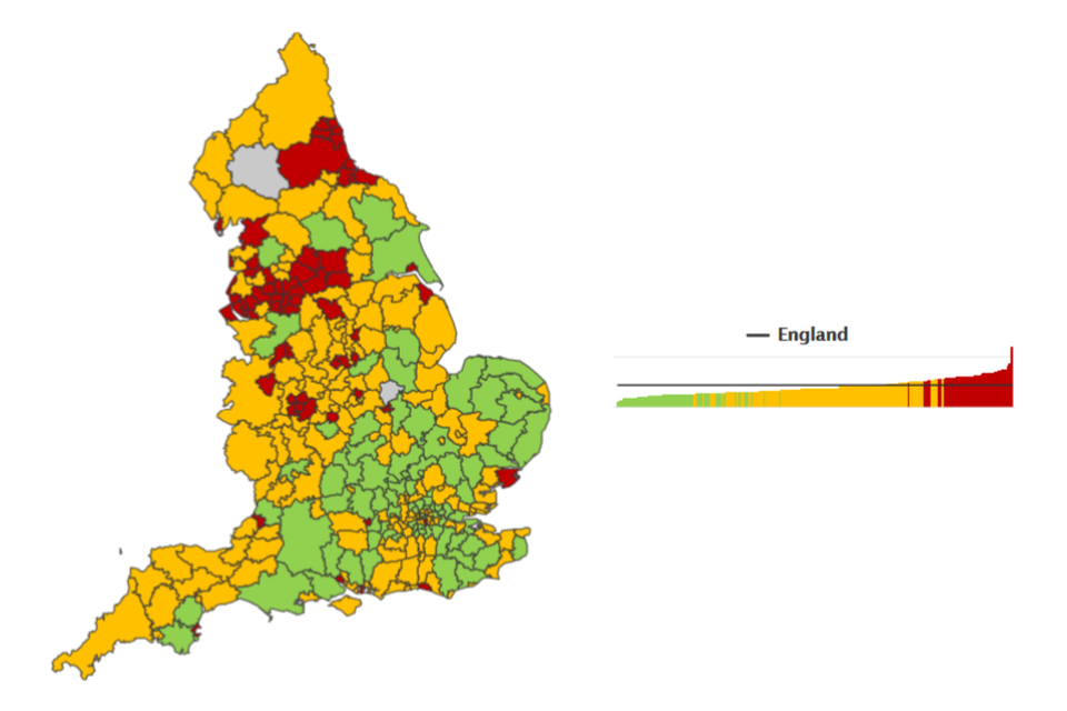 Figure 4: Alcohol-specific mortality, district and unitary authorities in England, 2016 to 2018