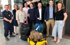 A group of responders sent from the UK before they go to combat bushfires, standing with British High Commissioner to Australia, Vicki Treadell , and other High Commission staff