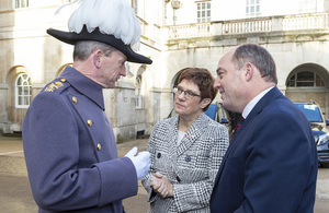 Major-General Commanding the Household Division Chris Ghika CBE speaks to German Defence Minister Kramp-Karrenbauer and Defence Secretary Ben Wallace