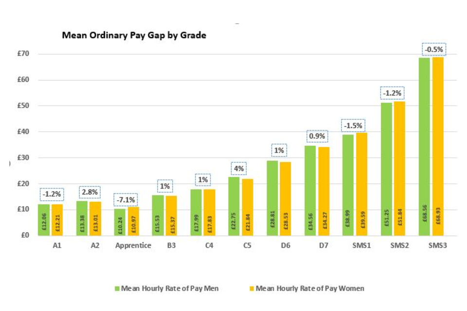 Bar chart showing the mean hourly rate of pay for men and women by grade, as well as the mean ordinary pay gap by grade. See the annex for graph data.