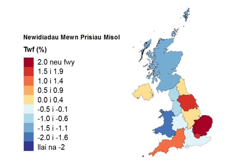 A heat map showing price changes by country and government office region (Welsh).