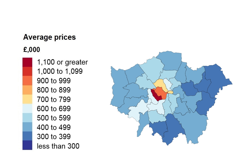 A heat map showing average price by London borough.