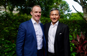 Foreign Secretary, Dominic Raab standing next to Foreign Minister Dr Vivian Balakrishnan