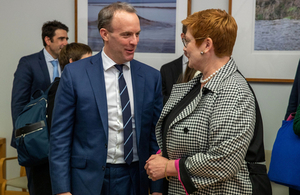 Foreign Secretary Dominic Raab speaking with Australian Foreign Minister Marise Payne.