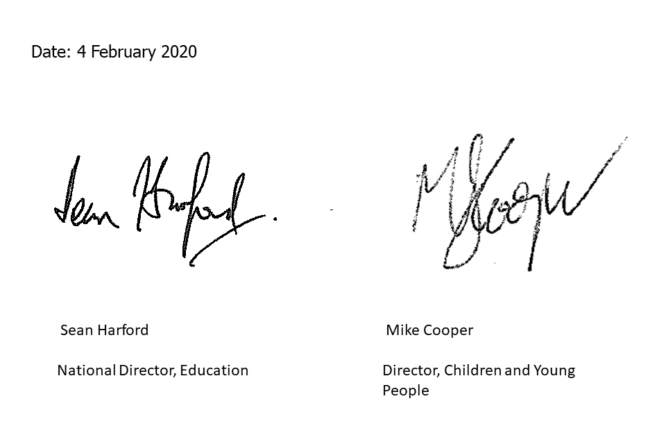 Authorisation signatures from Sean Harford, Ofsted and Mike Cooper, MoD dated 4 February 2020. 