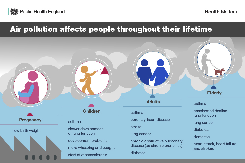 Infograhic showing individuals more susceptible than others, including children, the elderly, individuals with existing cardiovascular or respiratory diseases, pregnant women, communities in areas of higher pollution, low-income communities.