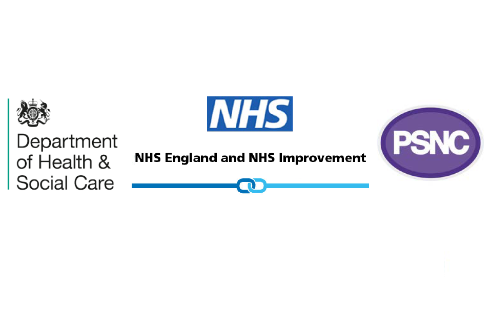 Logos for DHSC, NHS England and NHS Improvement, and the PSNC