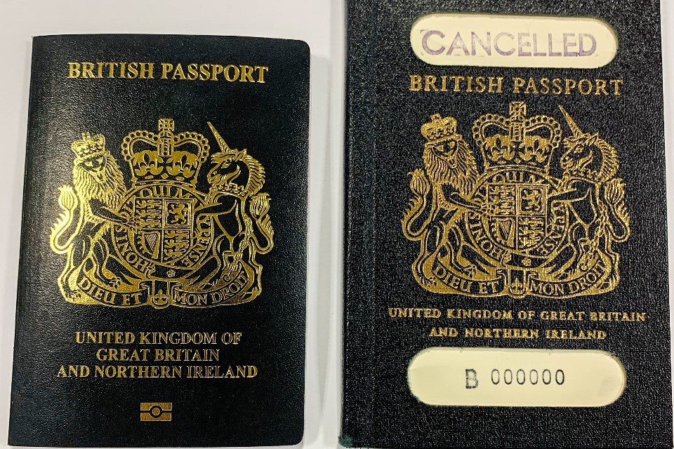 Image of new and old designs of the blue British passport alongside each other