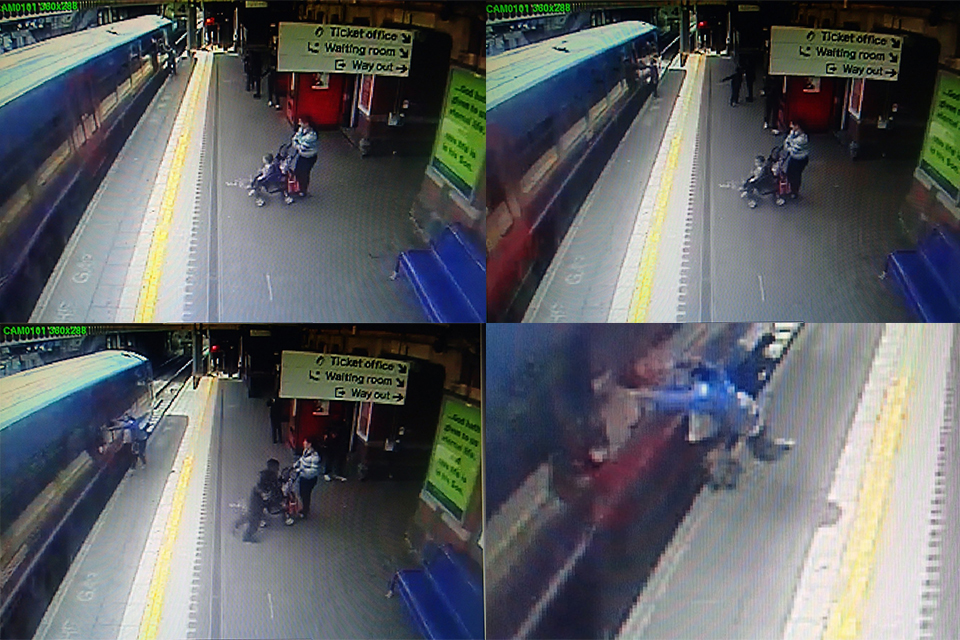 Four different views showing a passenger standing on the platform and then being trapped in closing doors and dragged along the platform at Hayes & Harlington.