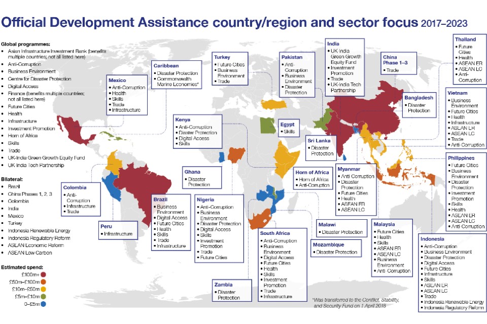 Map showing Official Development Assistance by country or region and sector focus, 2017-2023