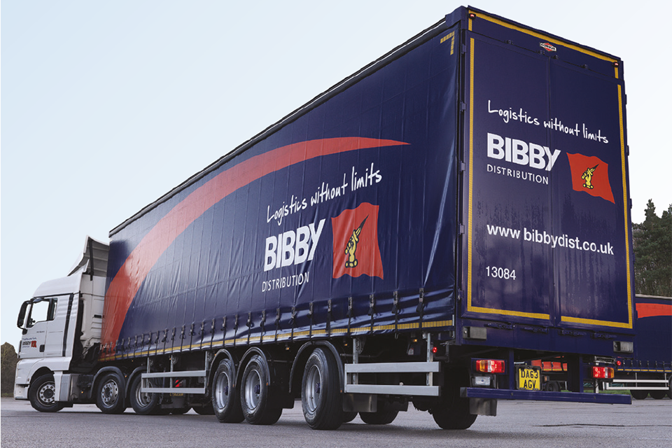 Tractor unit with longer semi-trailer in Bibby haulage livery