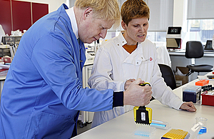 PM Boris Johnson visits the Mologic laboratory in Bedford, which is developing a new rapid diagnostic test for coronavirus with support from UK aid.