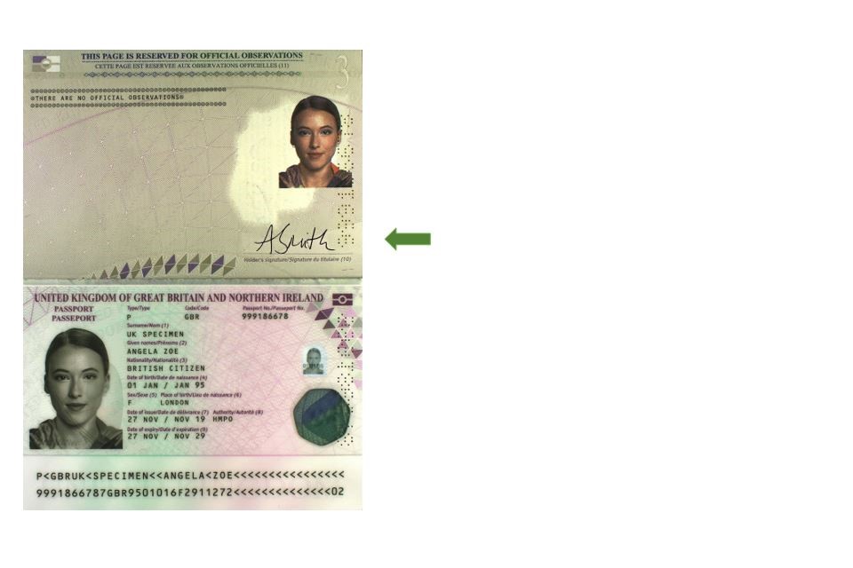 Image of a blue passport showing where to sign it