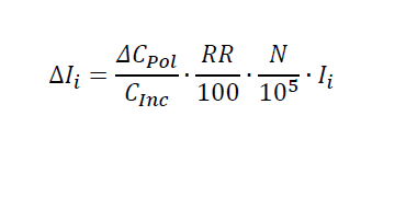 Equation showing the change in incidence (ΔIi) per 100,000 inhabitants when the concentration response function is based on either the relative risk or hazard ratio.