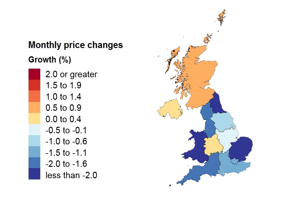 A heat map showing monthly price changes by country and government office region.