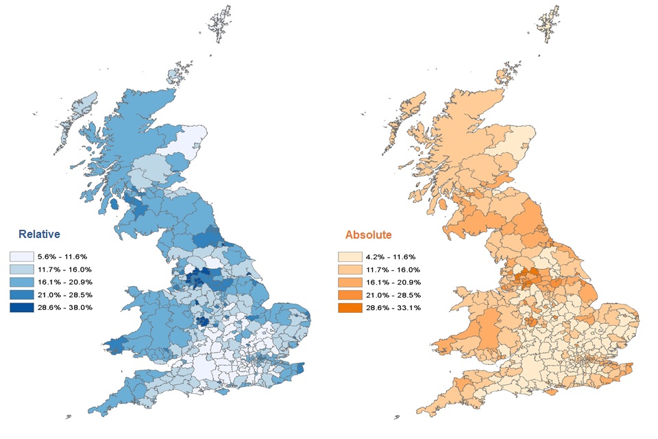 Relative and Absolute choropleth maps showing the proportion of children in low income families, banded by quintiles, in Great Britain by Local Authority. Darker shaded areas are more prominent in the North West indicating higher proportions.