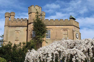 A tower with battlements behind a blossom-covered tree.