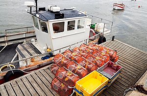 Moored fishing boat with crab and lobster pots
