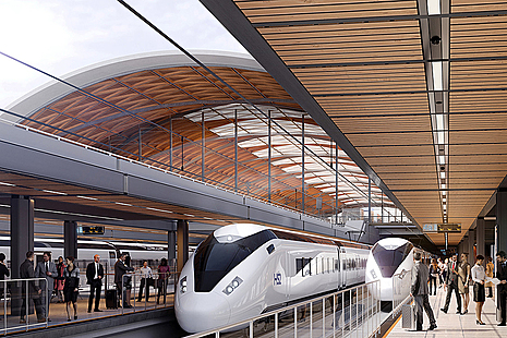 CGI showing trains arriving onto platform