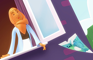 A woman at a window sending money out into the world.