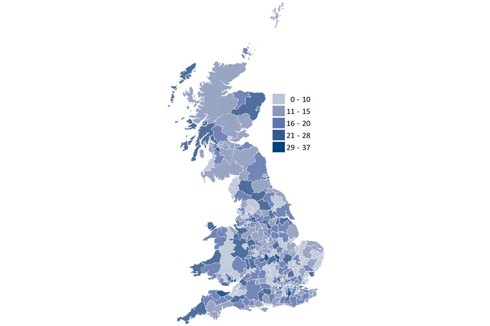 A map showing the average number of days to process New Claims, across Local Authorities in Great Britain. Darker areas represent Local Authorities with higher number of average processing days
