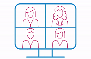 Animated graphic of a computer screen with four people on the screen