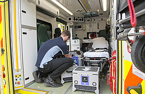 DASA and Dstl employees inside an ambulance with the Welsh Ambulance Service.