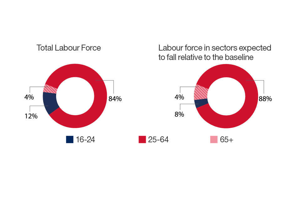 Chart 19 shows that the overall proportion of workers aged 16-24 and 65+ is in line with that of sectors estimated to fall relative to the baseline.