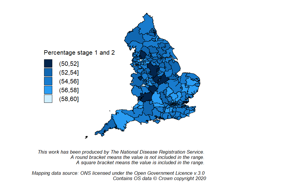 Map of England showing the variation in case-mix adjusted percentage of cancers diagnosed at stages 1 and 2 by Clinical Commissioning Group (2016 to 2018)