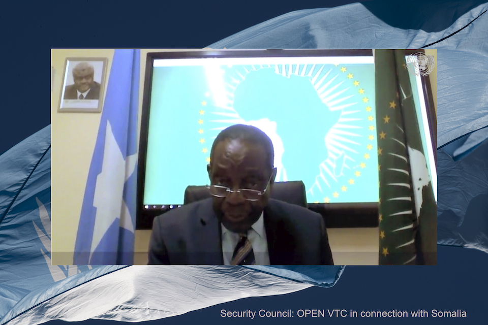 Francisco Caetano José Madeira, Special Representative of the Chairperson of the African Union Commission for Somalia and Head of AMISOM, addresses the open video conference with Security Council members in connection with Somalia. (UN Photo)