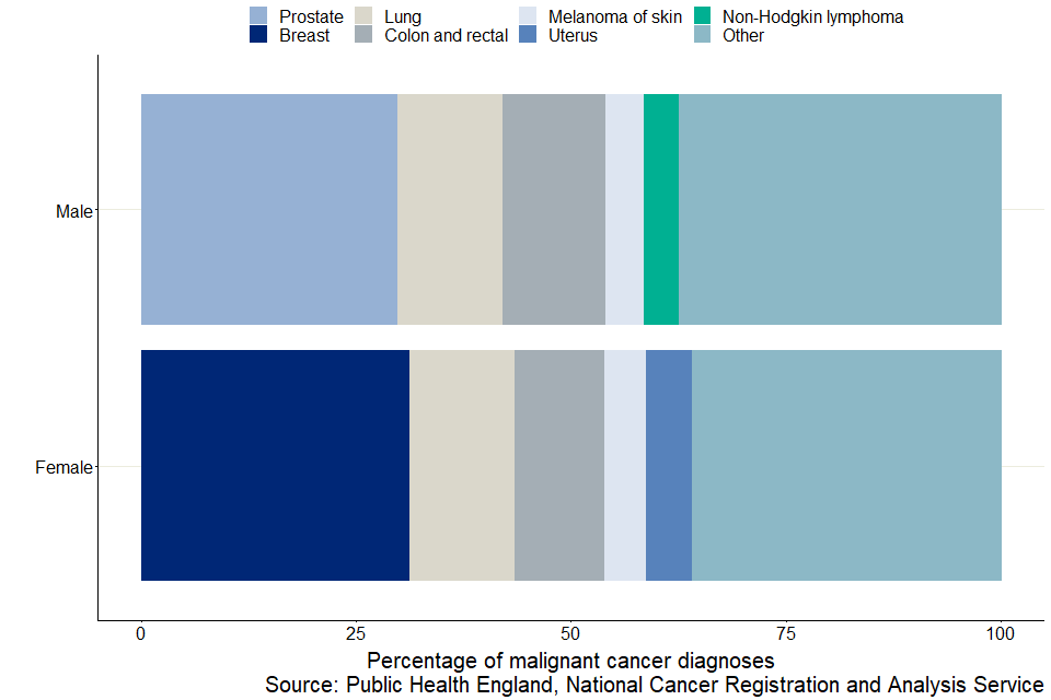 Graph shows percentage of malignant cancer diagnoses in 2018