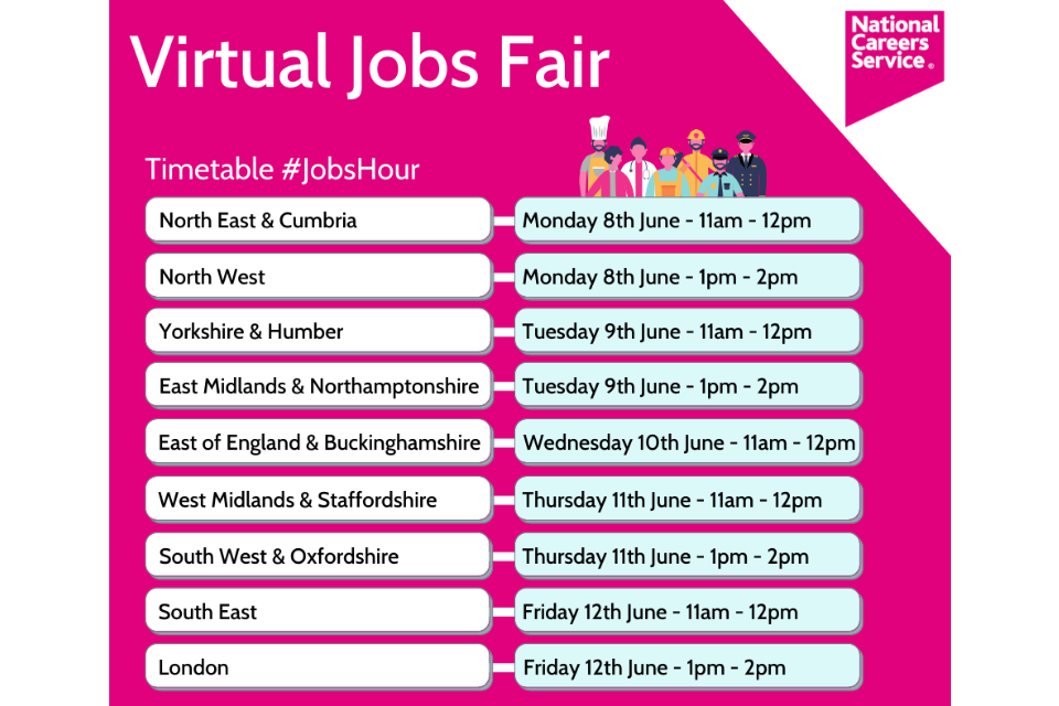 The timetable for the National Careers Service's virtual jobs fair in June.