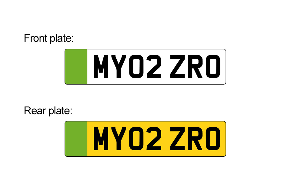 Image of licence plates designs for the front and rear of the vehicle. Both designs have a left-hand green stripe however only the rear plate has yellow instead of white background behind the black identifying figures.