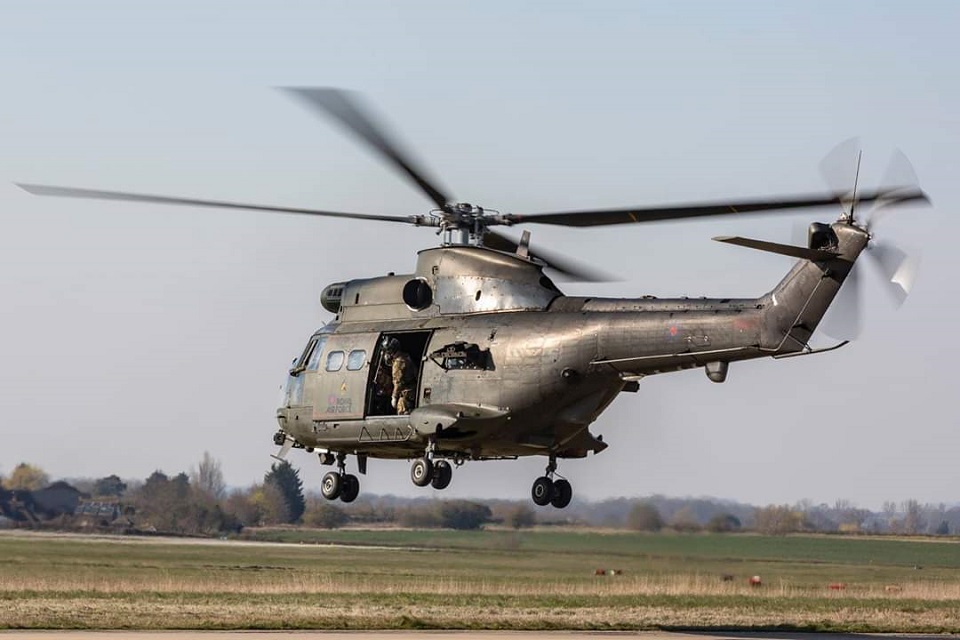 RAF Puma just off the ground and taking flight. 