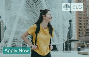 Image of a female student with the words apply now written across it