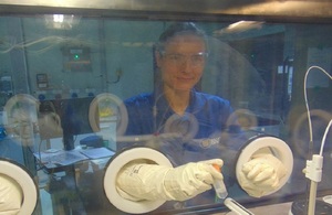 An image of Katie Bell doing work in a glovebox