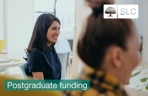 Image of a woman in a meeting environment with the words Postgraduate funding written across it