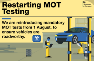 Image of MOT notification stating restarting testing in August 2020.