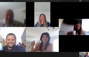 Five members of our information services organisation team captured in a computer screen shot catching up using Microsoft Teams.