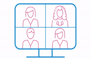 Animated graphic of a computer screen with four people on the screen