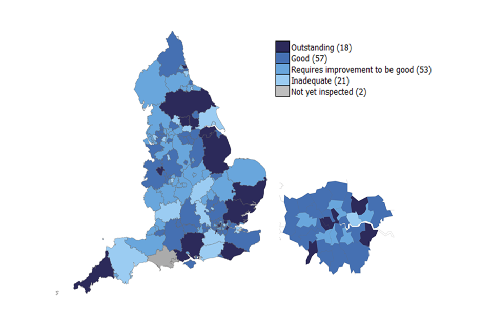 A map of England showing the overall effectiveness breakdown by local authority as at 31 March 2020.