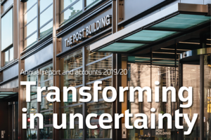 Front cover of the Annual report and accounts 2019/20, titled Transforming in uncertainty