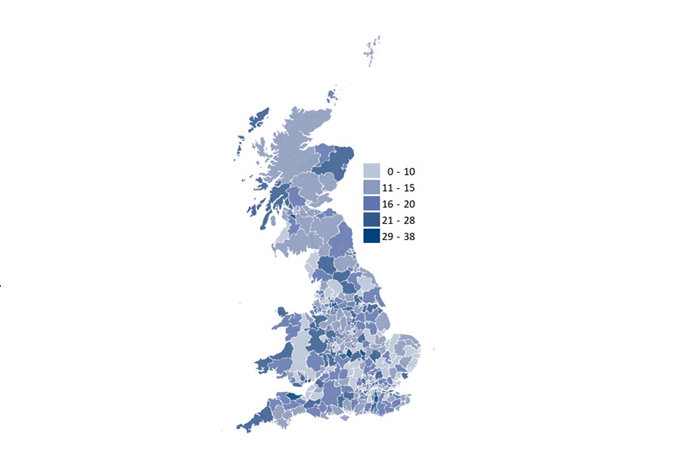 A map showing the average number of days to process New HB Claims, across Local Authorities in Great Britain. Darker areas represent Local Authorities with higher number of average processing days