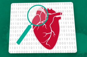 A magnifying glass looks at an anatomical heart, a coronavirus, and a dataset, representing CPRD's new synthetic datasets